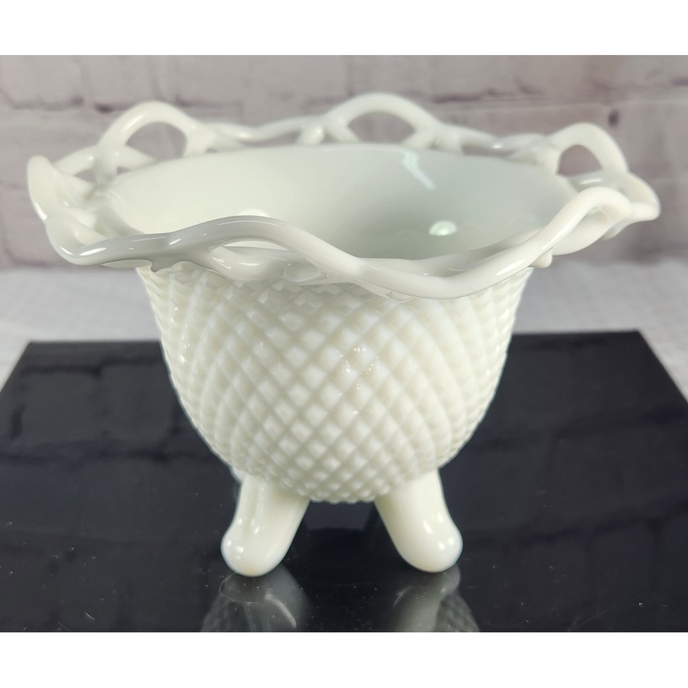 Indiana Milk Glass Footed Lace Edge Diamond Point Candy Dish Signed Excellent